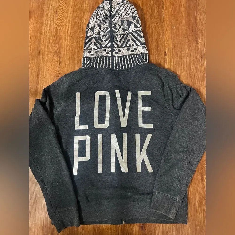 VS PINK Size LARGE RARE HTF Charcoal Grey Bling Aztec Print Hood Full Zip Hoodie